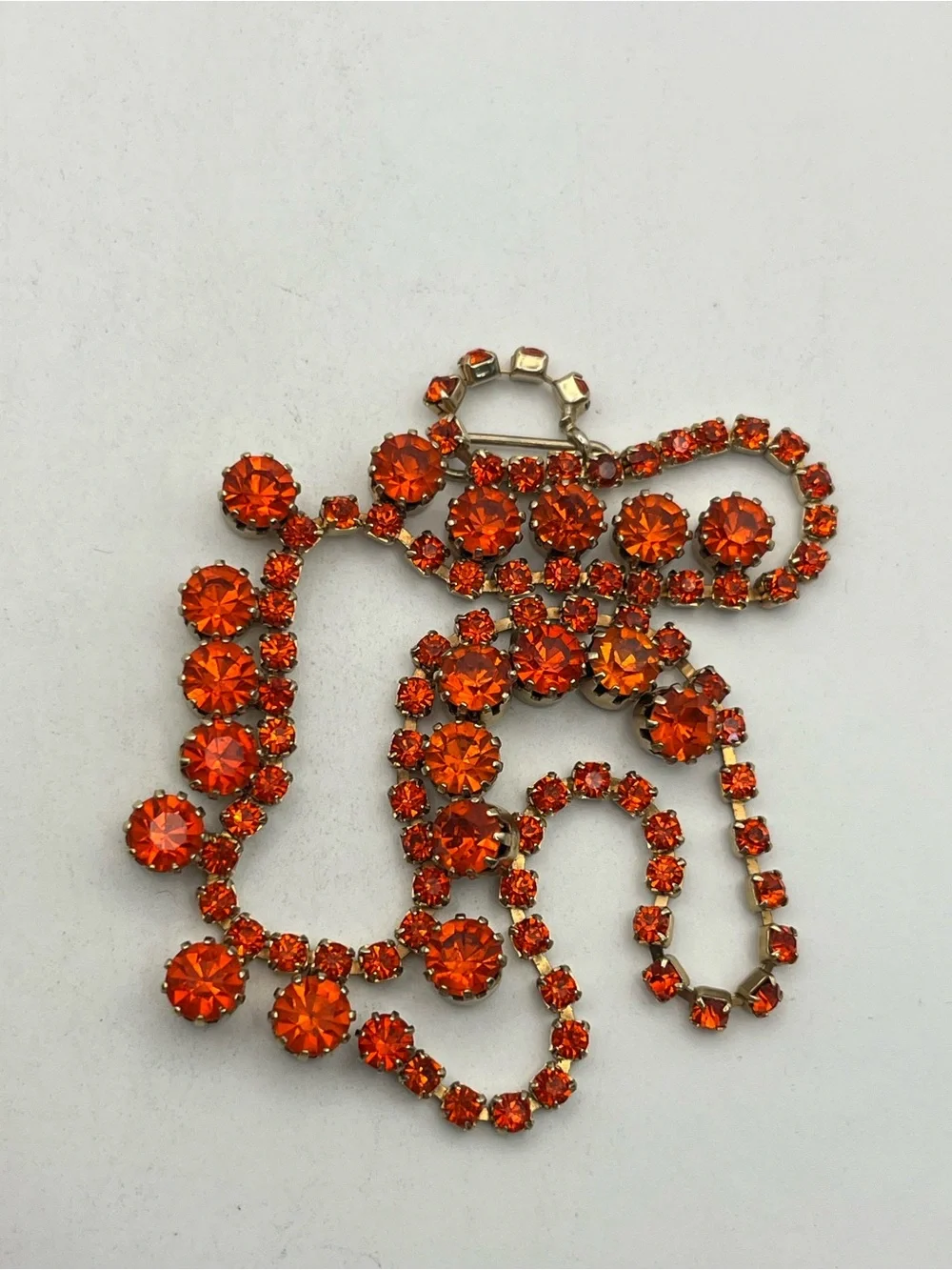 Orange rhinestone tennis necklace gold tone vintage sparkly